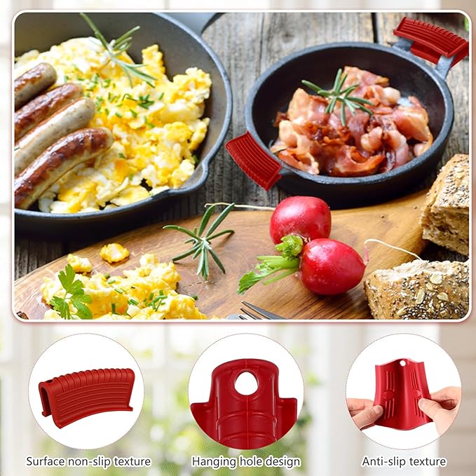 Patelai 4 Pcs Silicone Assist Hot Pan Handle Holder Pot Handle Covers for Cast Iron Skillets Holder Sleeve Nonslip Heat Resistant Pan Cover for Enameled Griddles Casserole Frying Cookware(Red)