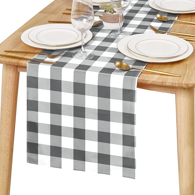 Hiasan Buffalo Plaid Table Runner, Classic Farmhouse Tabletop Collection, Waterproof Table Runner for Kitchen Dining, Banquet, Restaurant, Outdoor Use, 14W x 60L, Grey and White, 1 Piece