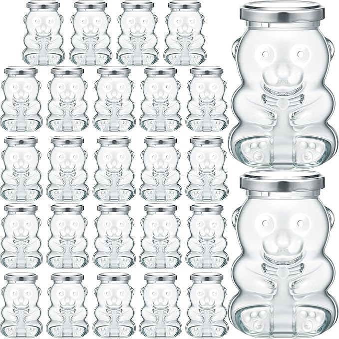 Patelai 24 Pack 6 oz Glass Honey Bear Jars with Silver Lids Reusable Small Honey Bear Shaped Glass Bottles Containers Dispenser for Candies, Birthday Wedding Party Favors