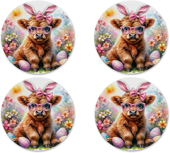 Easter Coasters Set of 4 Drink Absorbent Spring Bunny Coffee Bar Table Patio Decor Neoprene Fabric Rubber - Handmade by The Painted Pug (Bunny & Eggs)