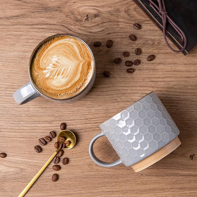 GBhome 15OZ Stackable Coffee Mugs, Ceramic Coffee Mugs with Texture Patterns for Man,Woman,Dad,Mom, Modern Coffee Cups Set of 4 for Latte/Cappuccino/Cocoa. Dishwasher&Microwave Safe, Gray