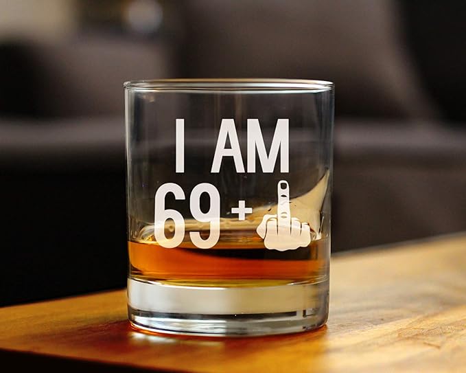 Bevvee 69 + 1 Middle Finger - Funny 70th Birthday Whiskey Rocks Glass Gifts for Men & Women Turning 70 - Fun Whisky Drinking Tumbler