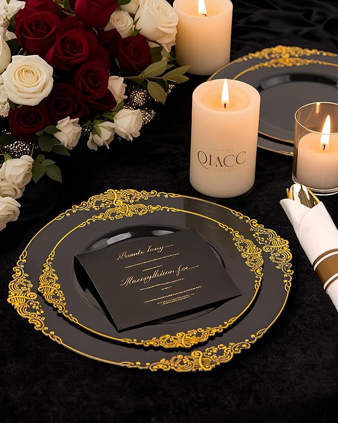 Nervure 175PCS Black Plastic Plates - Disposable Black Gold Party Plates & Pre Rolled Napkins with Cutlery for 25 Guests, 50Plates, 75Silverware, 25Cups, 25Napkin for Wedding & Party