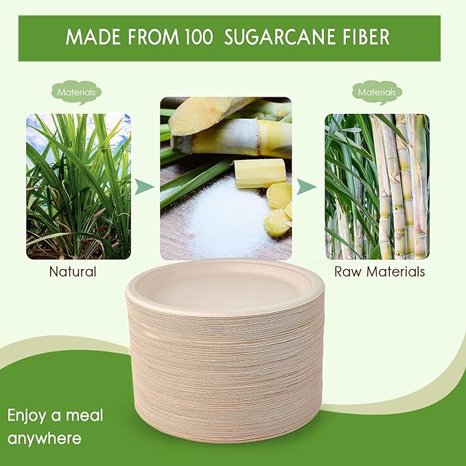 Vplus 150 Pack Compostable Disposable Paper Plates 10 inch Super Strong 100% Bagasse Natural Biodegradable Eco-Friendly Sugarcane Plates(nature)