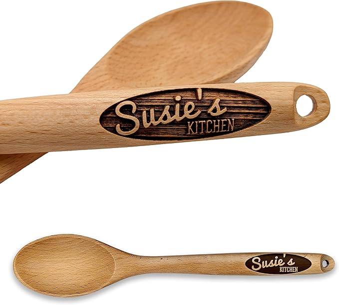 Personalized Engraved Wooden Spoon – Custom Name & Kitchen Script | Solid Beech Wood Cooking & Baking Gift