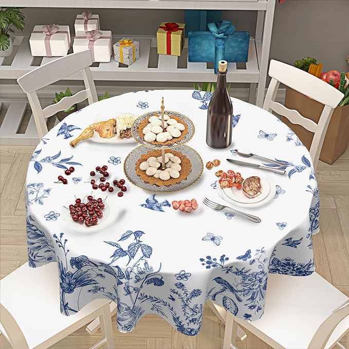 Spring Blue White Floral Round Tablecloth 60 Inch Summer Chinoiserie Flower Bird Circle Table Cloth Rustic Farmhouse Table Cover for Party Kitchen Dinner Home Decor