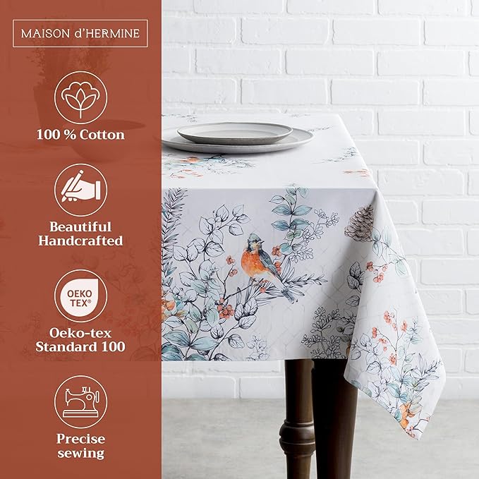 Maison d' Hermine Table Cloth Rectangle Table 100% Cotton 60 x 120 Inches Fall Tablecloth Reusable Everyday Use for Thanksgiving Christmas Decorations Dining Farmhouse Party (Whitish Shabby Chique)