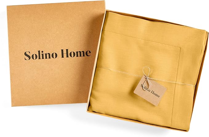 Solino Home Linen Tablecloth 60 x 108 Inch - 100% Pure Linen Mustard Yellow Table Cloth for Rectangle Tables - Fete, Machine Washable Tablecloth for Spring, Easter