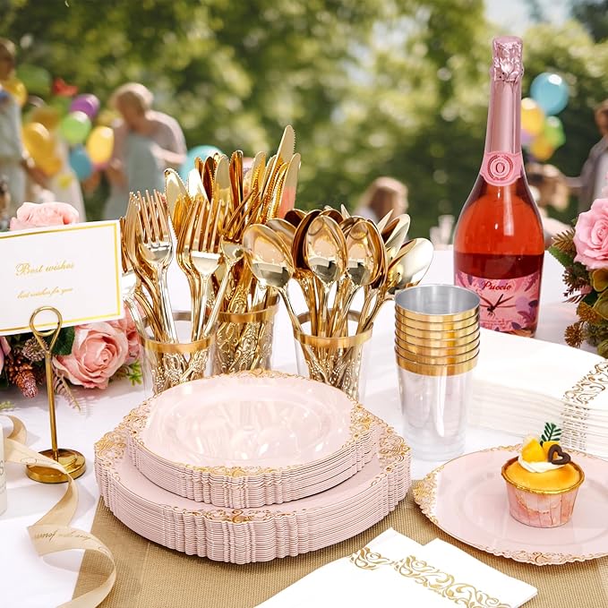 YOUBET 700PCS Pink Plastic Plates - Pink and Gold Plates - Luxury Pinks Dinnerware Set Include 200 Disposable Plates, 300 Heavy Duty Silverware, 100 Cups, 100 Napkins for Wedding Party Valentines Day