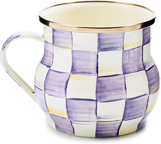 MACKENZIE-CHILDS Enamel Mug, Cute Enamelware Tea or Coffee Mug, 16 Ounces, Purple-and-White Violet Check