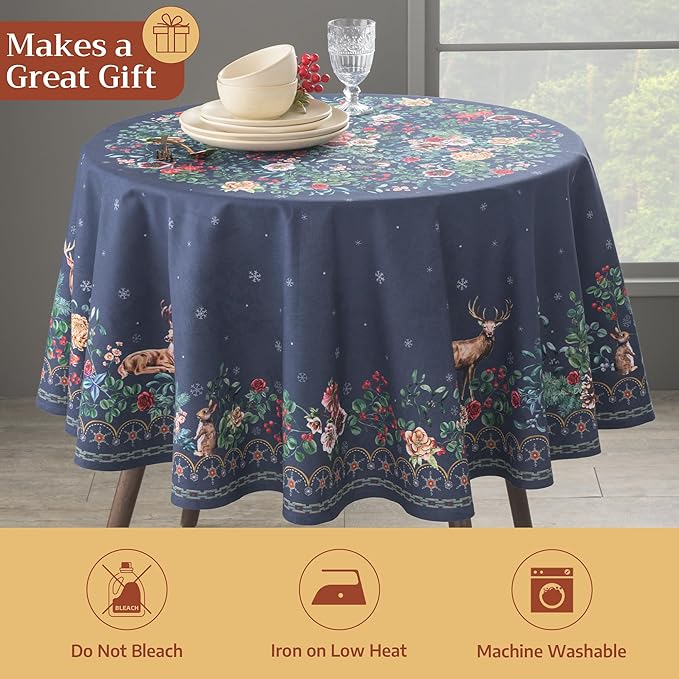 Maison d' Hermine Table Cloth Round Table 100% Cotton 69 Inches Fall Tablecloth Reusable Everyday Use for Thanksgiving Christmas Decorations Dining Farmhouse Party (Christmas Joy)