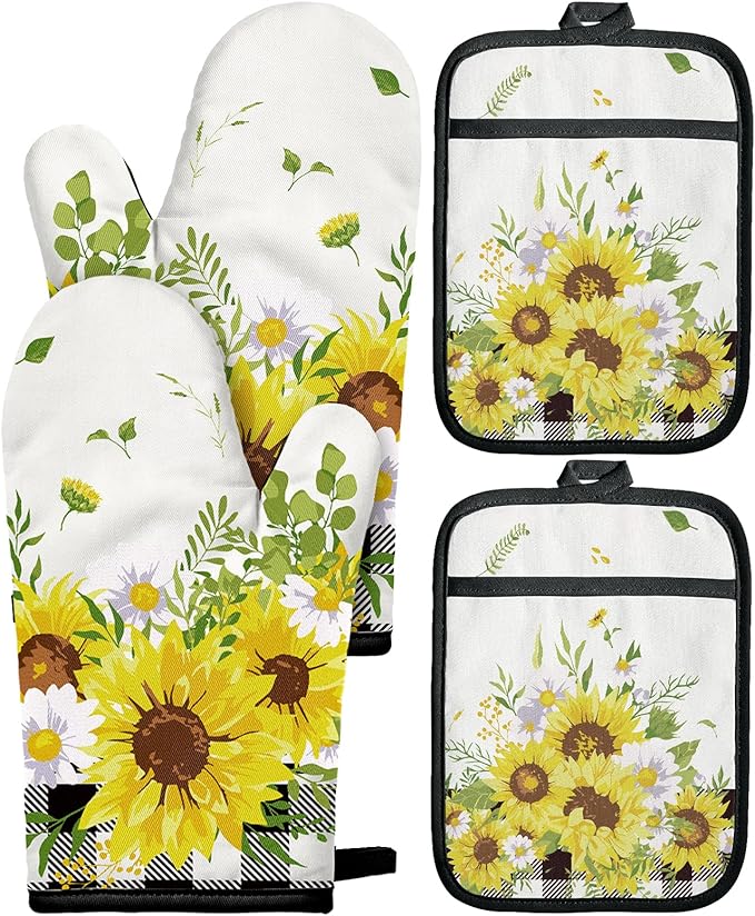 Cotton Oven Mitts and Pot Holders Sets - Quilted Lining Heat Resistant 4 Pieces Set with Hanging Loop Cute Farmhouse Boho Spring Kitchen Decor and Accessories, Plaid Sunflower
