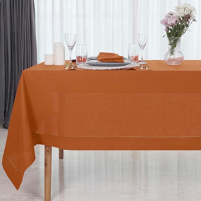 D'Moksha Homes Rust Linen Tablecloth for Rectangle Tables 60 x 102 Inch - Classic Hemstitch 100% Pure Linen Rust Table Cloth - Machine Washable Dining Tablecloth for Spring, Easter