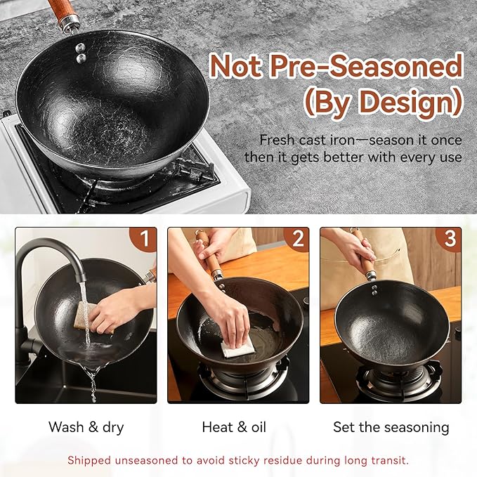 10.2 Inch Cast Iron Wok with Glass Lid, Pre-Seasoned Flat Bottom Wok for Stir-Fry & Saute, Uncoated Iron Wok Pan for Electric, Gas & Induction Cooktops