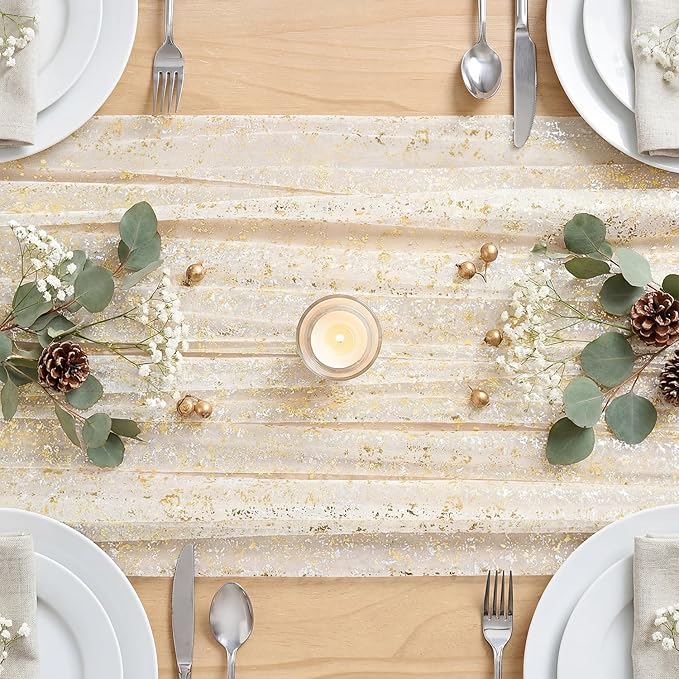 Artoid Mode Beige Gold Gauze Table Runner 59x120 Inch 10FT, Glitter Metallic Foil Sheer Dining Wedding Anniversary Holiday Birthday Table Decor for Home Party