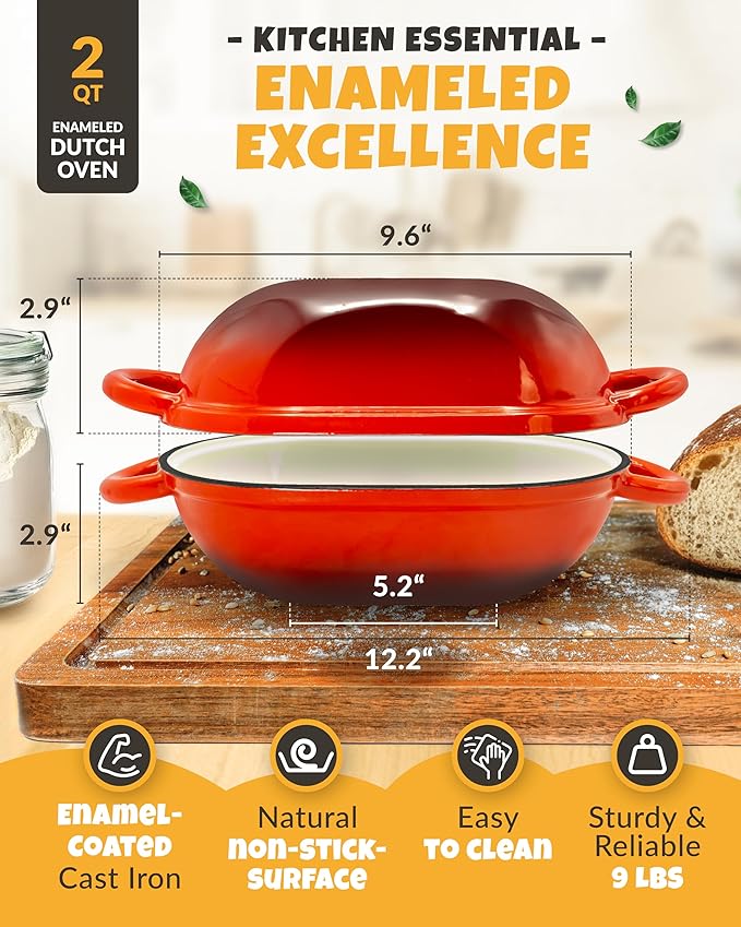 Loaf Pan for Bread Baking - incl. Sourdough Bread-Baking Supplies like Banneton Bread-Proofing Basket - 2QT Enameled Oval Cast Iron Dutch Oven, Bread-Oven, Sour Dough Bread-Banking-Pan Tools
