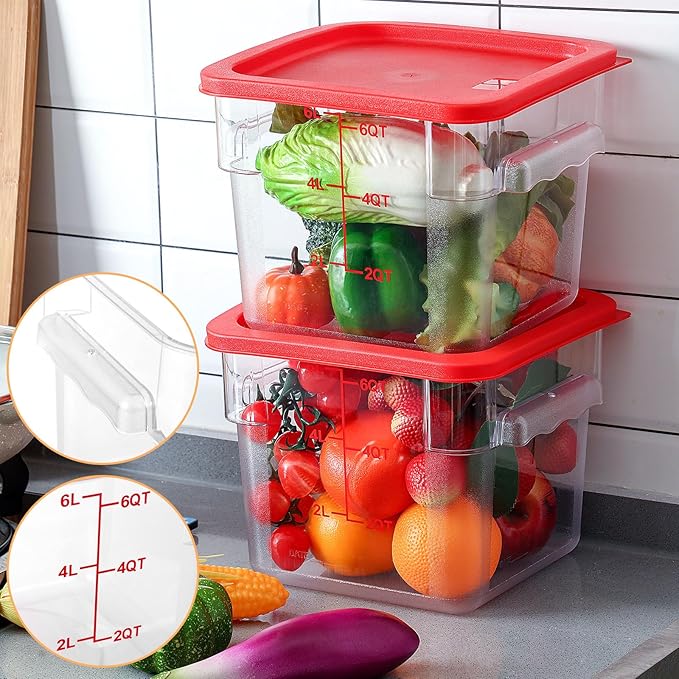 3 Sets 6 Qt Square Food Storage Containers with Lids Dough Proofing Bucket Commercial Polycarbonate Containers with Scale Clear Airtight Cereal for Pantry Home Restaurant (Red)