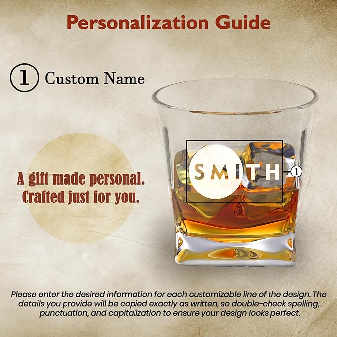 Personalized Engraved Whiskey Glass 10.25 oz – Etched Bourbon Glass with Heavy Base, Old Fashioned Cocktail Glass, Groomsmen & Father’s Day Gift (Whiskey Design 5)