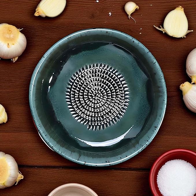 Ceramic Grater Bowl, Garlice Grater Plate, Handmade Ginger Grater, Mincer Bowl for Cheese &Vegetables, Ceramic Decorative Mincer, Hand Dish for Garlic (Moss Green)