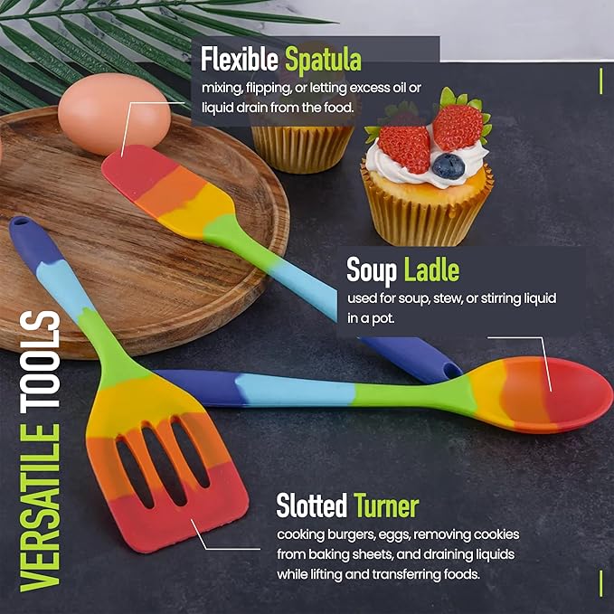9-Piece Rainbow Silicone Spatula Set with Tongs – Multicolor Heat-Resistant Cooking Utensils for Nonstick Cookware – Flexible Turner, Spoon, Spatula, Brush, FDA Safe