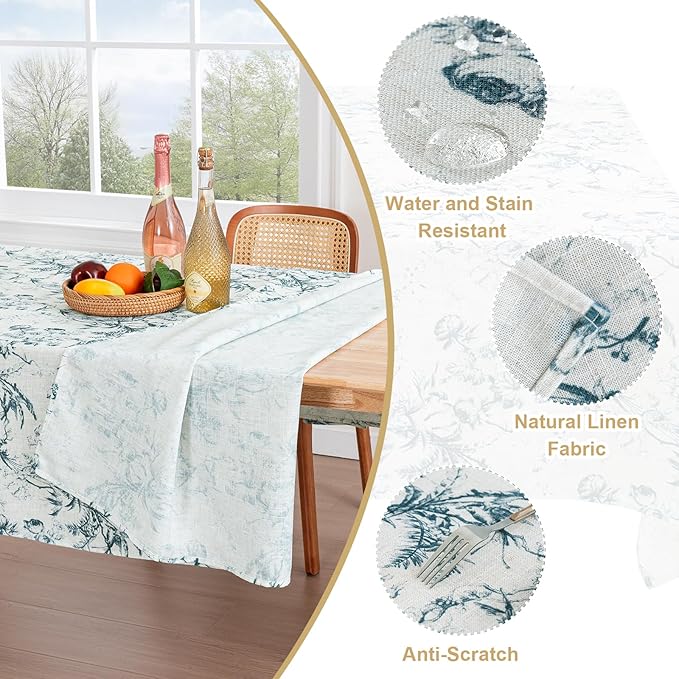 H.VERSAILTEX Linen Table Cloths Floral Printed Tablecloth Spill-Proof Waterproof Table Cover for Dining Buffet Feature Soft and Thick Fabric Wrinkle Free, 60 x 60 Inch, Vintage Botanical - Blue