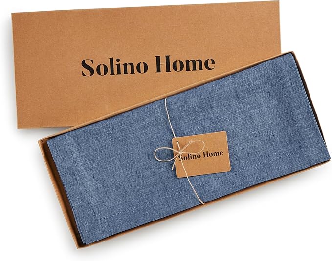Solino Home Linen Table Runner 90 Inches Long - Athena, 100% Pure Linen Blue Denim Dining Table Runner 14 x 90 Inch for Winter, Spring, Easter