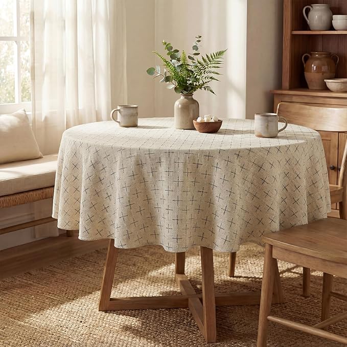 Horaldaily Beige Round Table Cloth, Cross-Star Solid Textured Embroidery Tablecloth, Wrinkle Free Washable 60×60 Inch Table Cover for Kitchen, Party, Wedding, Picnic, Outdoor