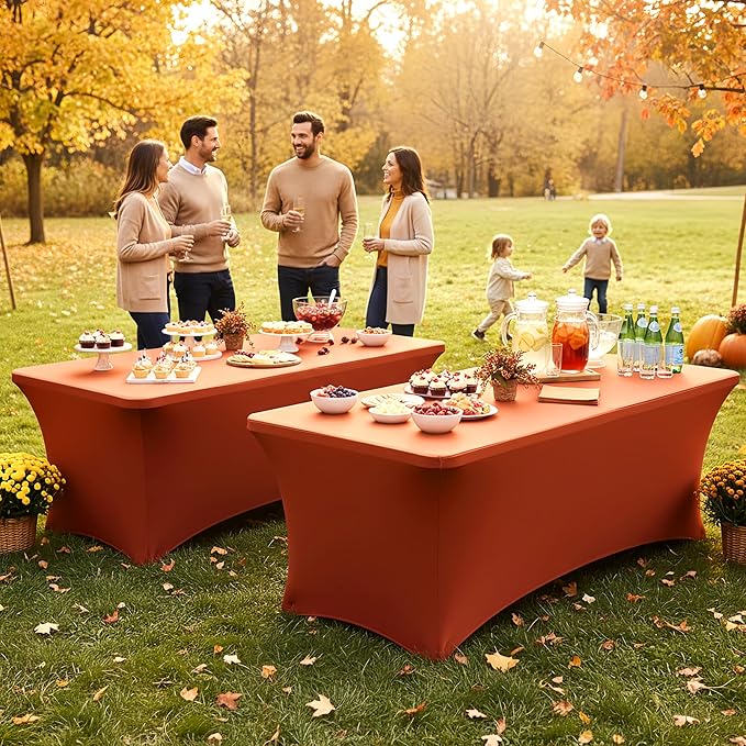 Spandex Table Cloths for 8 Foot Rectangle Tables-6 Pack Rust Fall Thanksgiving Fitted Stretch Table Covers-Elastic Tablecloth for Party, Vendor Booth Display, Banquet Event, Craft Trade Show