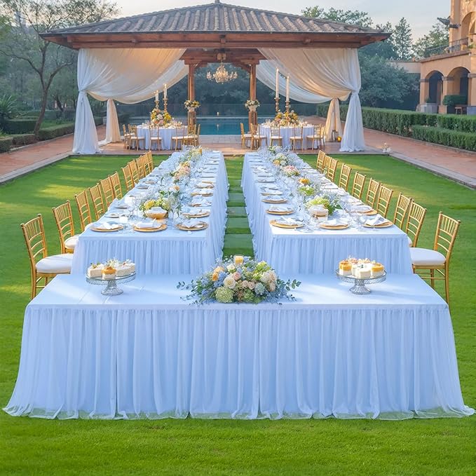 8ft Baby Blue Tulle Tablecloths for Rectangle Tables Light Blue 8 Foot Rectangular Table Cloth Wrinkle Free Table Cover with Tutu Skirt for Baby Shower Boy Birthday Party Banquet Buffet Cake