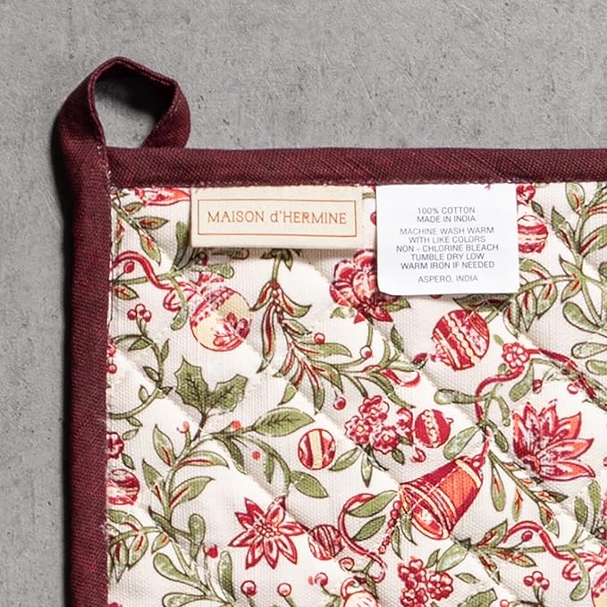 Maison d' Hermine 100% Cotton Oven Mitt & Pot Holder Set (7.5"x13" & 8"x8") Heat Resistant BBQ Cooking Gloves with Loop for Thanksgiving Christmas Decorations Handling Hot Pans (Reveillon Au Jardin)