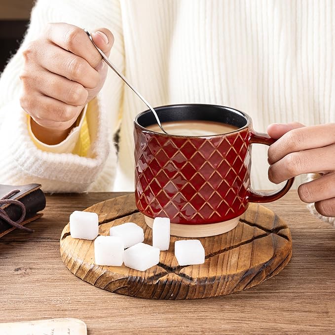 GBhome 15OZ Stackable Coffee Mugs Set of 4, Ceramic Coffee Cups with Texture Patterns for Man,Woman. Elegant Mugs Set for Latte/Cappuccino/Cocoa. Dishwasher&Microwave Safe, Red