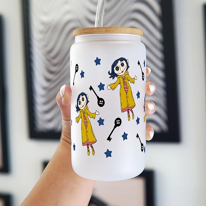 Sip-Sip Hooray! Button Doll Frosted 16oz Glass Can Cup with Lid and Straw, Custom Sipper Iced Coffee Tumbler, Cute Beer Soda Glass, Unique Gift for Her, Aesthetic Drinkware