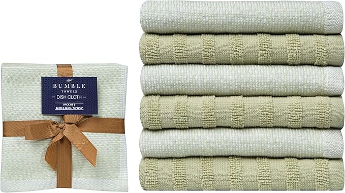 Bumble Premium Dish Cloths 13"x13" (6 Pack) | 100% Natural Ring Spun Cotton | 400 GSM | Highly Absorbent & Soft |Yarn Dyed & Solid Dyed Terry Dish Cloth Set - Sage