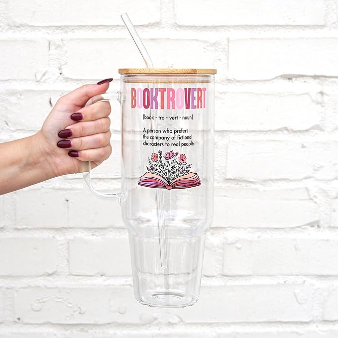 Sip-Sip Hooray! 40oz Booktrovert Glass Tumbler with Lid and Straw, Book Lover Gift, Booktok, Gift For Reader Drinkware Handmade Aesthetic Coffee Beverage Mug Tumblers