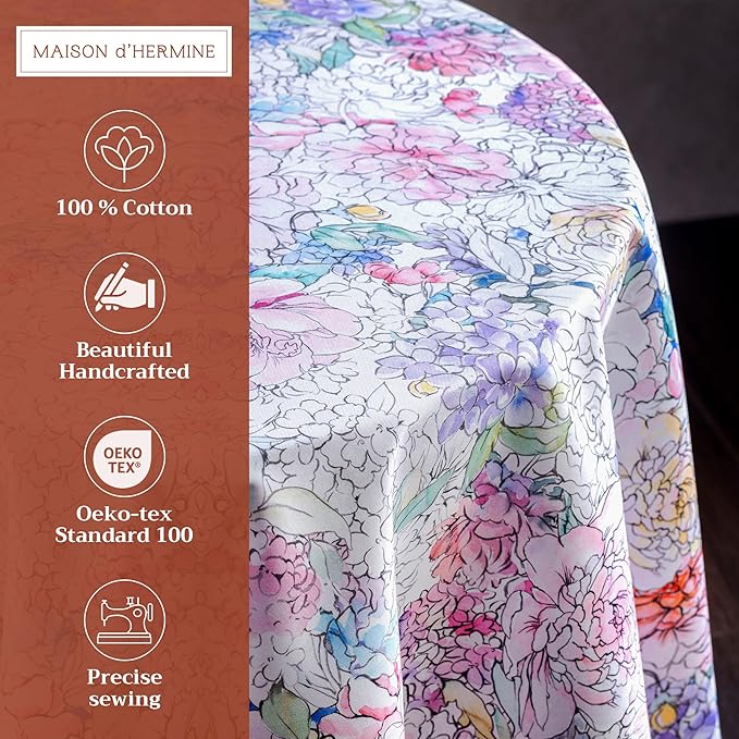 Maison d' Hermine Table Cloth Round Table 100% Cotton 69 Round Inches Tablecloth Reusable Decorative for Dining Room Farmhouse Home Valentines Day Decorations Spring Summer - Floral Love