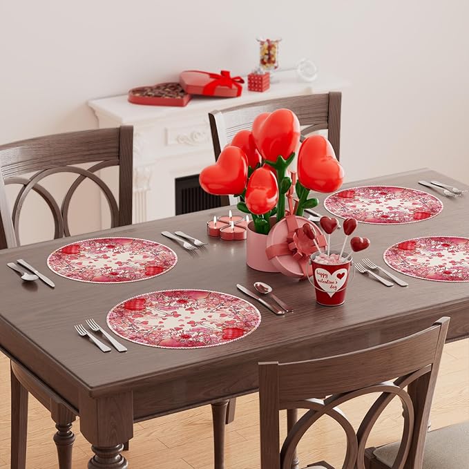 XCHI Wild Flowers Love Hearts Valentine’s Day Round Placemats Set of 4 Table Mats for Party Home Kitchen Dining Table Decorations 14x14 Inch