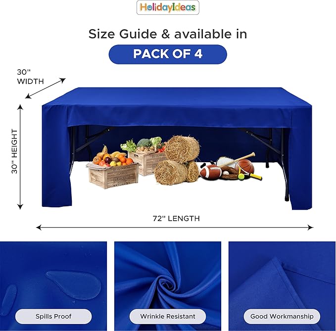Open Back Fitted Tableclothss for 6 Foot Rectangle Table, 3-Sided Solid Table Covers 72x30 Inch for Craft Fairs, Banquets, Trade Show Display, Royal Blue,4 Pcs