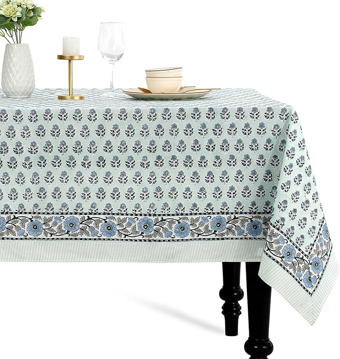 CPC Tablecloth 100% Cotton 80x120 Inch Indian Block Print Rectangle Table Cover, Washable Table Cloth for Weddings, Spring/Summer, Barbeque - Poppy Blue