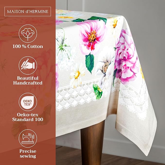 Maison d' Hermine Table Cloth Square Table 100% Cotton 60 x 60 Inches Tablecloth Reusable Decorative for Dining Room Farmhouse Home Valentines Day Decorations Spring Summer - Pivoine