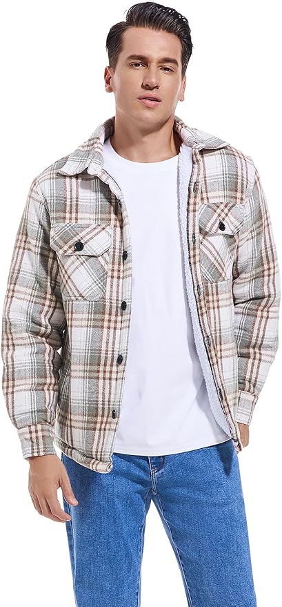 Men's Cotton Sherpa Lined Button Down Flannel Shirt Jacket Plaid Soft Outdoor Flannel Jacket Shirt