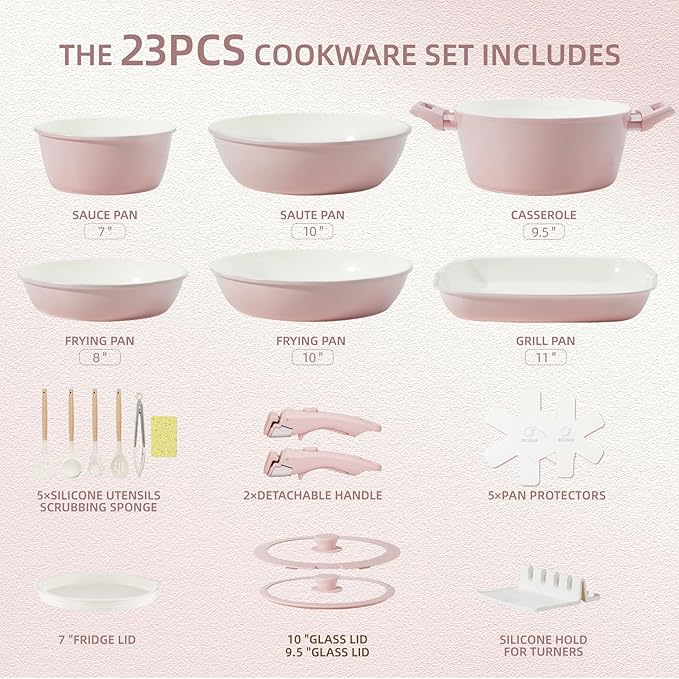 23pcs Ceramic Pots and Pans Set, Nonstick Detachable Handle Cookware, Induction Kitchen Cooking Set with Removable Handle,include Frying Pans & Saucepans Oven Safe(Pink)