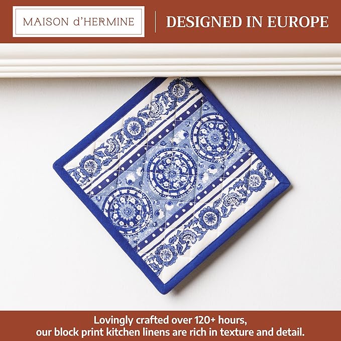 Maison d' Hermine Pot Holders 100% Cotton Heat Resistant Potholders 8" x 8" Hot Pads with Loop BBQ, Cooking, Baking, Grilling, Kitchen, Handling Hot Pans Spring/Summer (Pack of 1, Melodie Bleue)