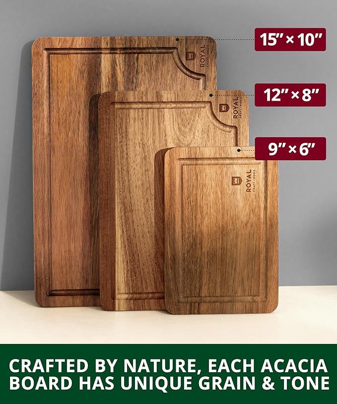 ROYAL CRAFT WOOD Acacia Wood Cutting Boards Set of 3 – Premium Wooden Cutting Boards for Kitchen Meal Prep & Serving - Charcuterie & Chopping Butcher Block for Meat with Deep Juice Groove Side Handles