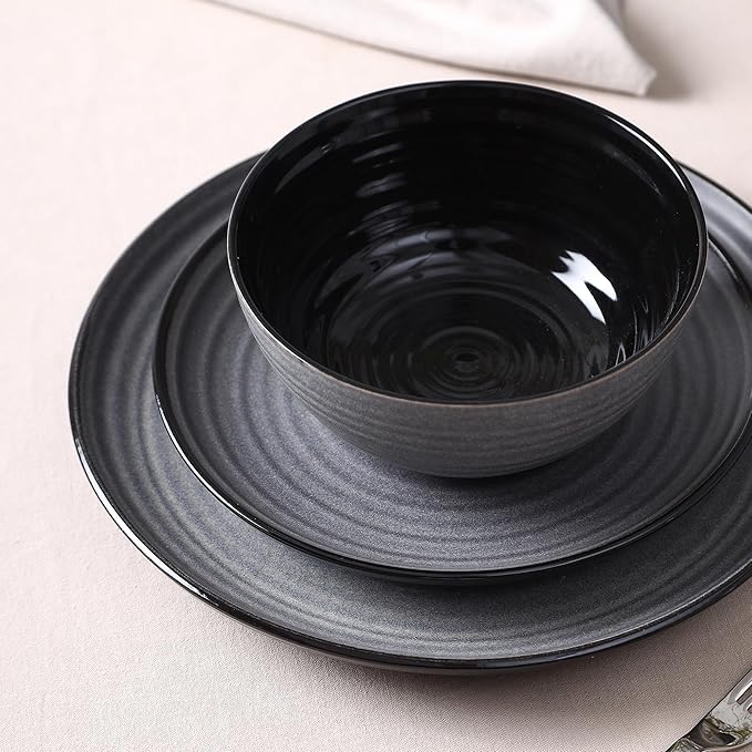 Stone Lain Dua 12-Piece Dinnerware - Stoneware, Plate and Bowls, Dishwasher and Microwave Safe, Dish Set for 4, Black
