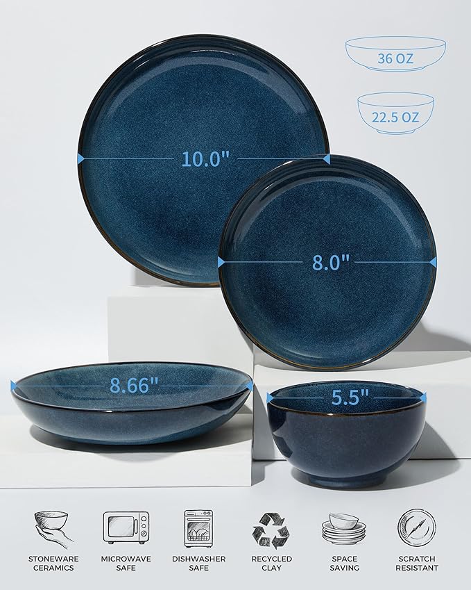 24 Piece Double Bowl Dinnerware Sets with Pasta Bowls, Highly Chip and Crack Resistant Plates and Bowls Sets, Natural Earthyware Ceramic Dishware Sets, Service for 6 Starry Blue
