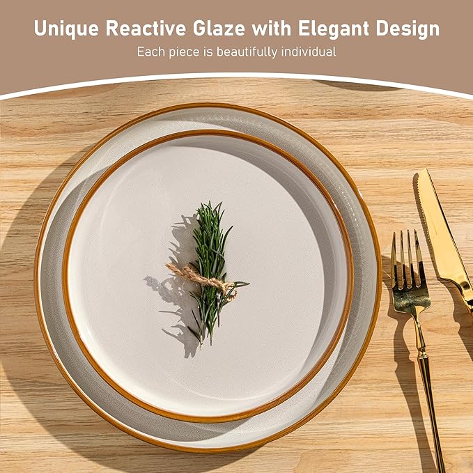 GBHOME 12-Piece Stoneware Dinnerware Set for 4 – Ribbed Ceramic Plates and Bowls, Scratch-Resistant, Microwave & Dishwasher Safe, Reactive Glaze, White with Honey-Brown Edge