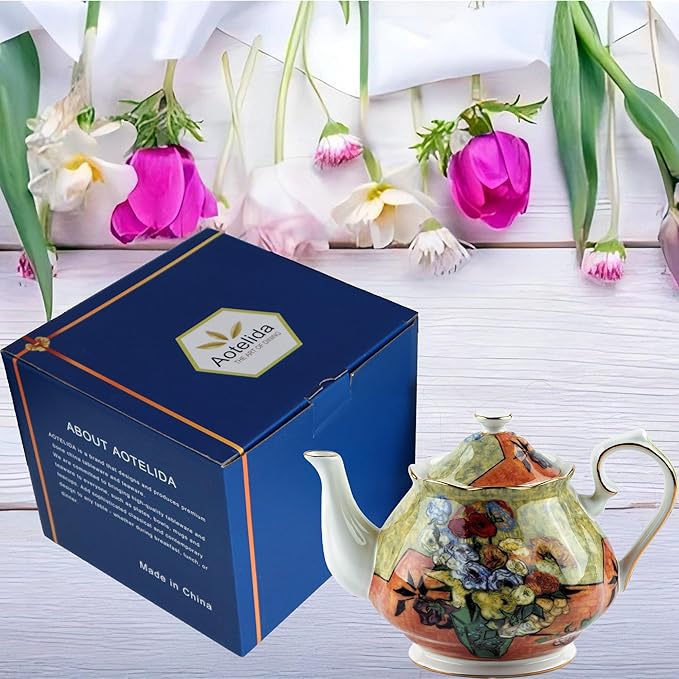 Teapot 30 oz Vangogh Paintings Bone China Loose Tea Pot Floral Design Vintage Ceramic Coffee Water Pot European Style Porcelain (Flower Vase)