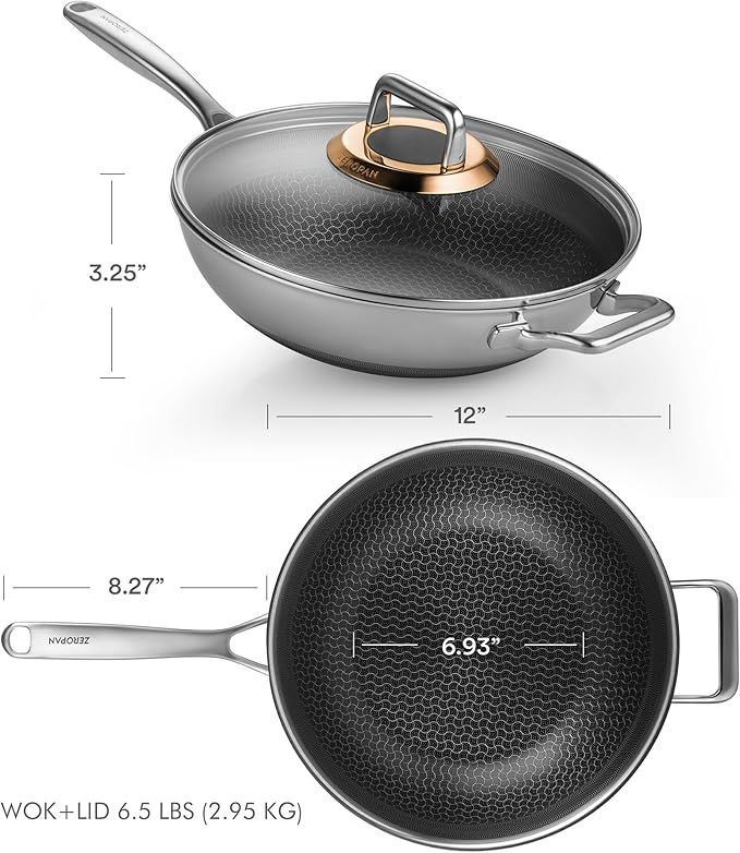 Hybrid 12-Inch Wok with Lid,Nonstick Stainless Steel Woks & Stir-fry pans,Wok Pan,PFAS PFOA PTFE Free,Dishwasher-Friendly,Oven-Safe Up to 600°F,Compatible with All Cooktops
