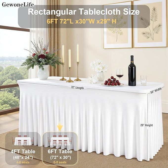 2 Pack White Rectangle Tablecloths, Washable Stretch Fitted Spandex Table Covers for 6FT Tables, Wrinkle-Free & Reusable Table Cloths,Ideal for Parties, Banquets, Wedding, Buffet,Events