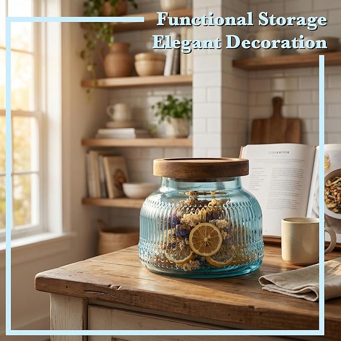 Decorative Blue Glass Jar with Airtight Wooden Lid 40 oz, Wide Mouth Vintage Kitchen Food Storage Container for Cookie Candy Honey Flour Spice Coffee Tea, Home Decor Sand Candle Holder Vase